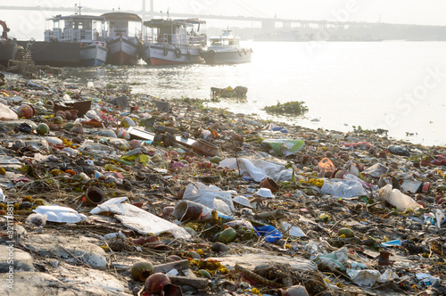 Ganges Water Pollution Polluted holy Ganga with human waste, industrial leftovers, domestic sewage and religious rituals from towns cities poses threat to health environment. Kolkata India May 2019