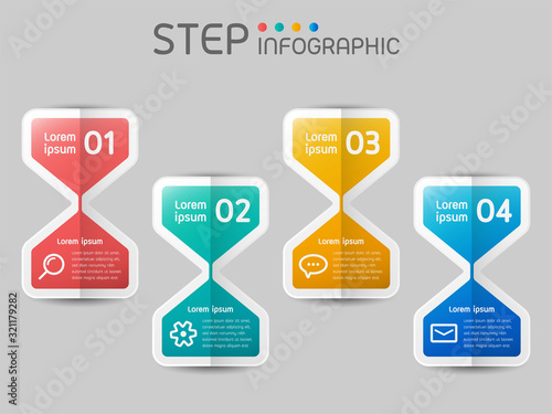 Geometric sandglass shape elements with steps,options,processes or workflow.Business data visualization.