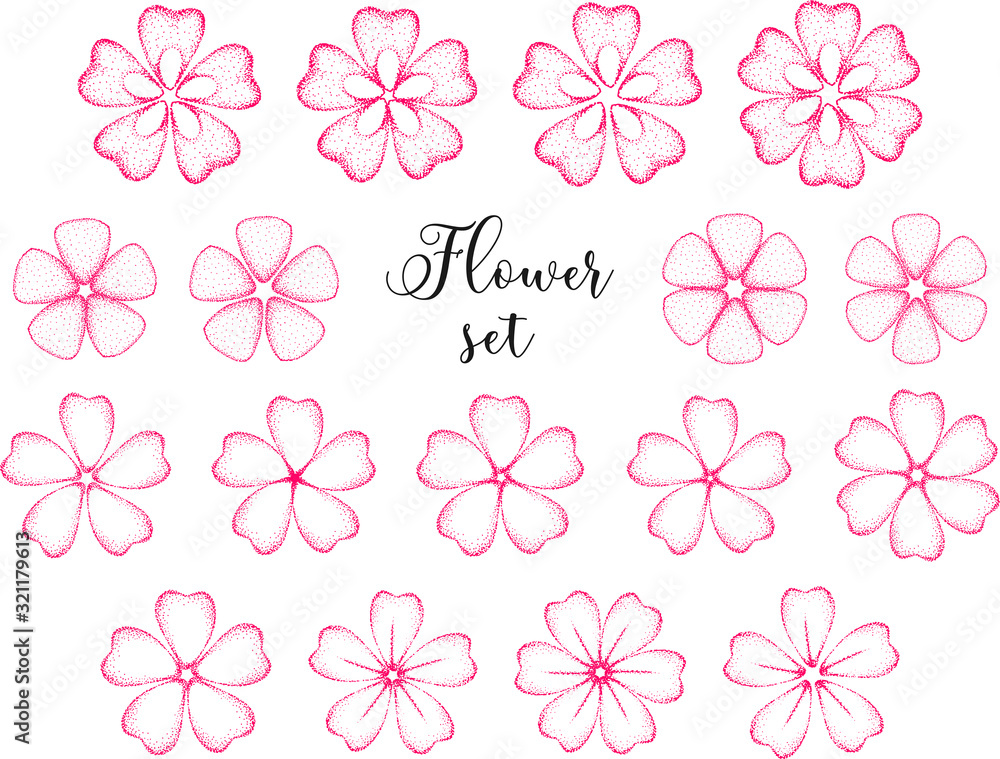 Plakat Pink abstract flowers with a dotted texture of five and six petals. Graphic hand drawn image. Elements for decoration. Vector