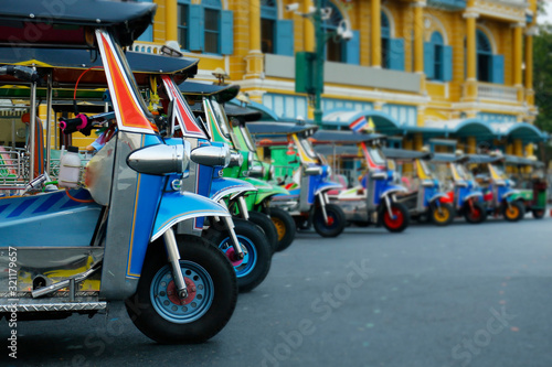 Photography alignment of tuk tuk in the street of bangkok-Thailand