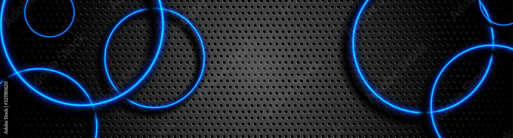 Futuristic perforated technology abstract background with blue neon ...