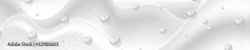Concept grey banner design with smooth liquid waves and glossy beads. Abstract vector background