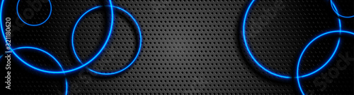 Futuristic perforated technology abstract background with blue neon glowing circles. Vector banner design