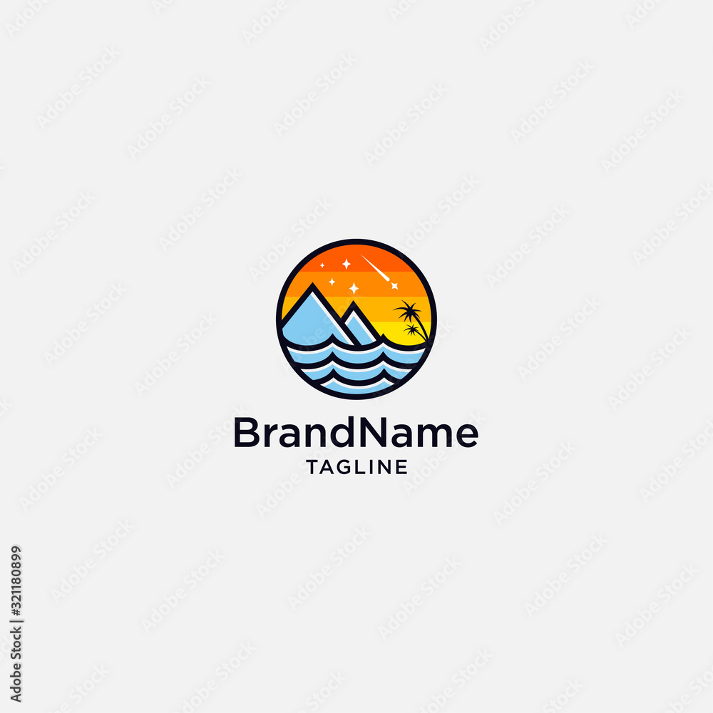 Mountain sunset beach logo concept. vector icon palm illustration