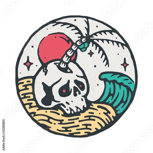 Skull Summer Beach Line Graphic Illustration Vector Art T-shirt Design