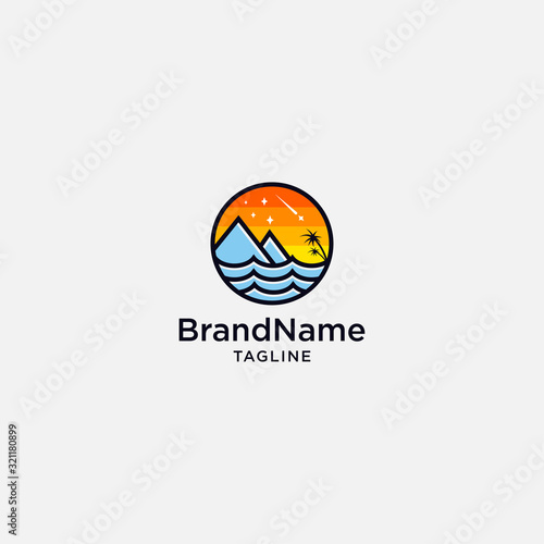 Mountain sunset beach logo concept. vector icon palm illustration
