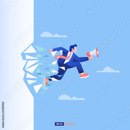 Businessman with megaphone breaking the glass wall. Promotion breakthrough concept. Business vector illustration 