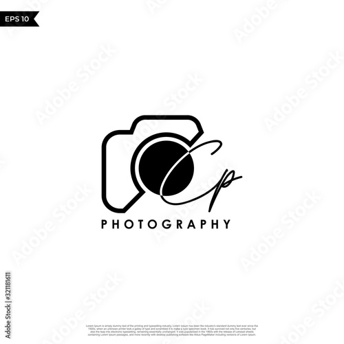 Initial Letter CP with camera. Logo photography simple luxury vector.