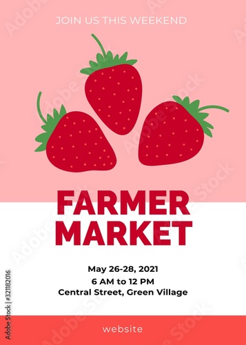 Farmer market template. Strawberry background with red sweet juicy berry drawings. Great for farmers market, sales or festival. Cute cartoon flat design. Vector