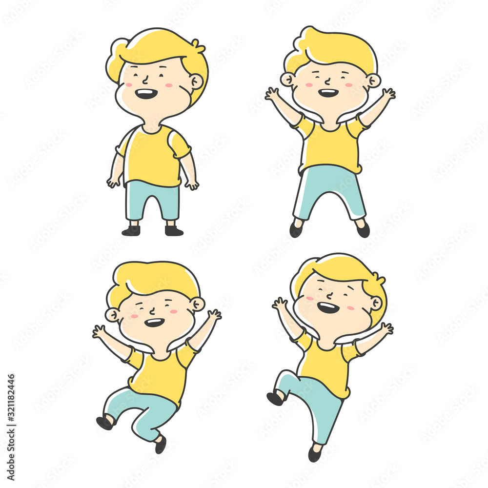 Collection of little boys characters. Children are happy, laughing and jumping. Vector illustration isolated on white background Collection of little boys characters. Children are happy, laughing and jumping. Vector illustration isolated on white background