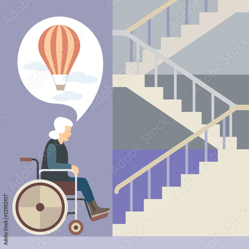funny illustration on a serious topic. an elderly woman in a wheelchair stopped in front  		of the stairs and dreams of a balloon. flat pattern, neutral colors. vector illustration. EPS 10.
