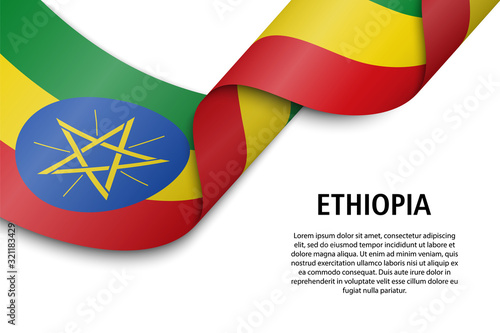Waving ribbon or banner with flag Ethiopia