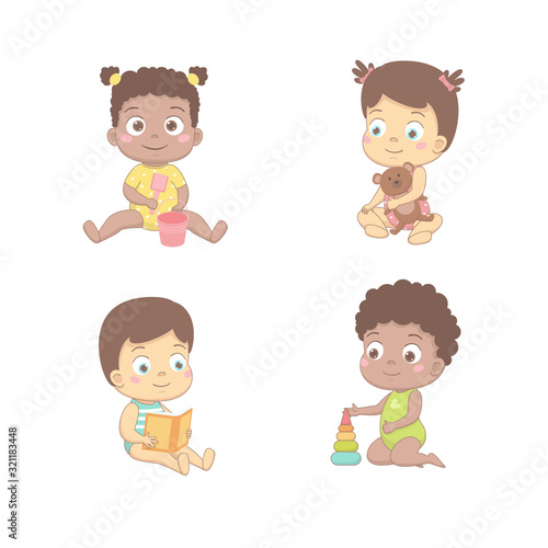 Cute babies are playing with a bucket and a shovel, a bear, reads a book, builds a pyramid. Vector illustration on a white background.