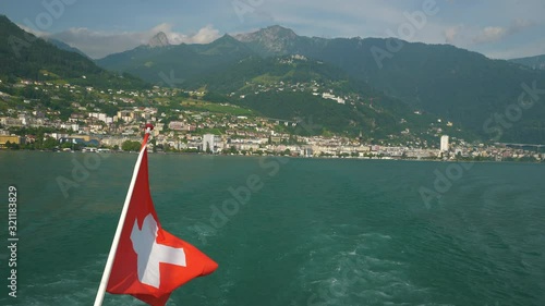 sunny evening montreux city geneva lake famous ferry road trip backside pov panorama 4k switzerland