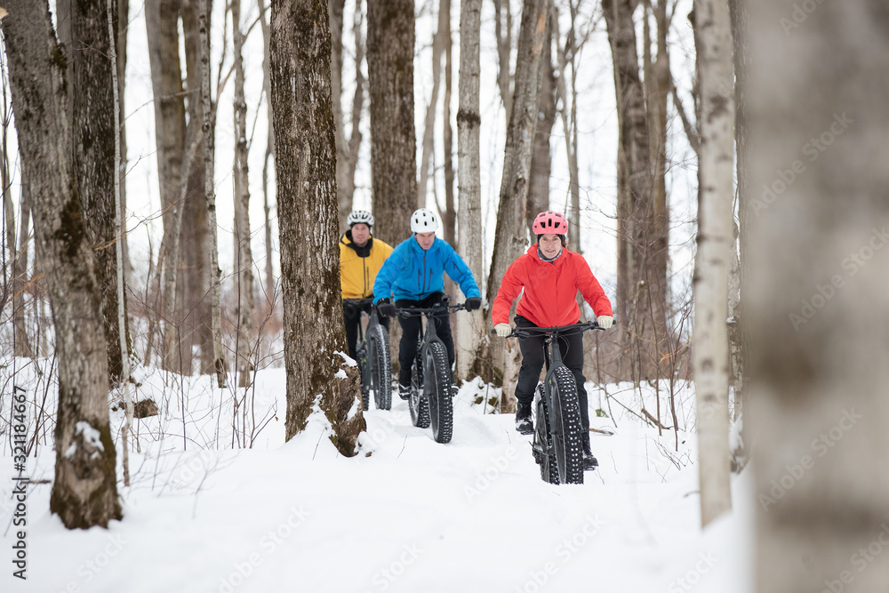 Group of friends riding their fat bike in the snow in Ontario, Canada