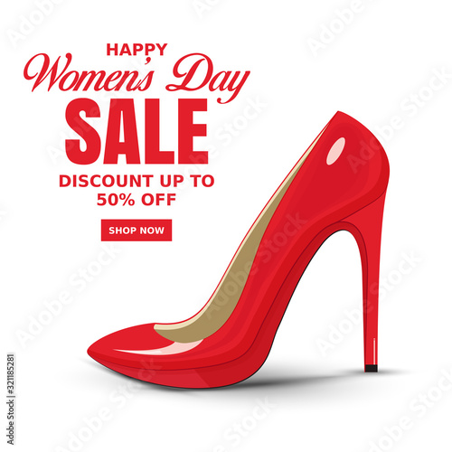 Ladies high heel sandal, isolated with shadows on a white background, sample text March 08 International Womens Day