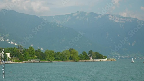 sunny evening montreux to vevey bay geneva lake famous ferry ride pov panorama 4k switzerland