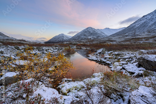 First snow in the valley of the mountains, Khibiny, Kola Peninsula, Russia