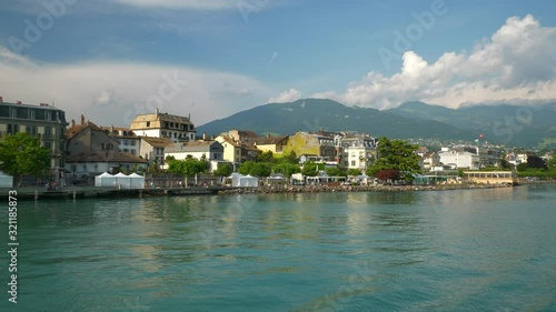 sunny evening vevey bay hotel geneva lake famous ferry ride pov panorama 4k switzerland
