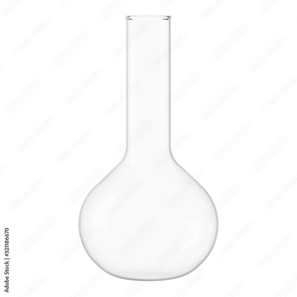 Transparent glass laboratory flask. Flask filled with liquid on a white background. 3D rendering. Transparent glass laboratory flask. Flask filled with liquid on a white background. 3D rendering.