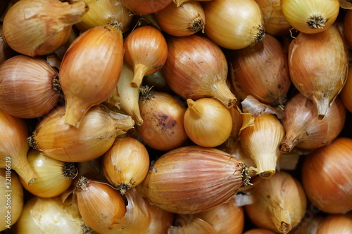 Pile of shallots on display at market. Yellow-brown wild onions.