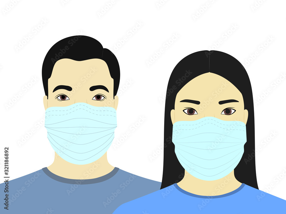 Asian man and woman in medical mask isolated on white background. Vector illustration Asian man and woman in medical mask isolated on white background. Vector illustration