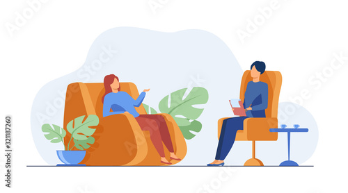 Woman visiting psychologist office. Patient sitting in armchair and talking to psychiatrist. Vector illustration for therapy session, psychotherapy counseling concept photo