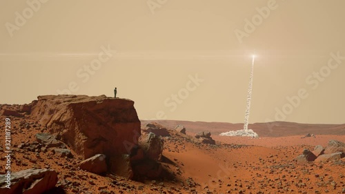 Rocket launch from a human settlement on the surface of Mars - 3D render