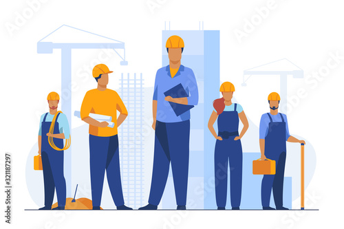Construction team working on site. Builders, engineers, architects in helmets and overalls holding blueprints, toolkits, measuring tools. Vector illustration for building, engineering, labor