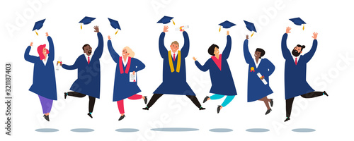 group of graduate students jumping and throwing graduation caps in air vector illustration