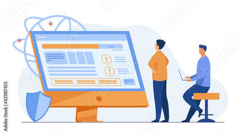 Developers testing software. Man with laptops watching infographics, fixing bugs, using computer. Vector illustration for application, programming, coding concept