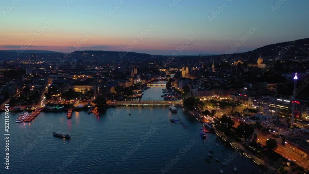 sunset sky night illuminated flight over zurich city lakeside river central district aerial panorama 4k switzerland sunset sky night illuminated flight over zurich city lakeside river central district aerial panorama 4k switzerland