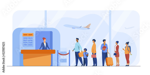 Airport queue vector illustration. Line of tourists standing at check in desk. Flight passengers waiting for boarding to plane in departure area