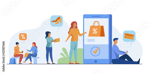 Customers with smartphones shopping online. Men and women buying goods at internet store sales. Vector illustration for e-commerce, security transfer payment concept