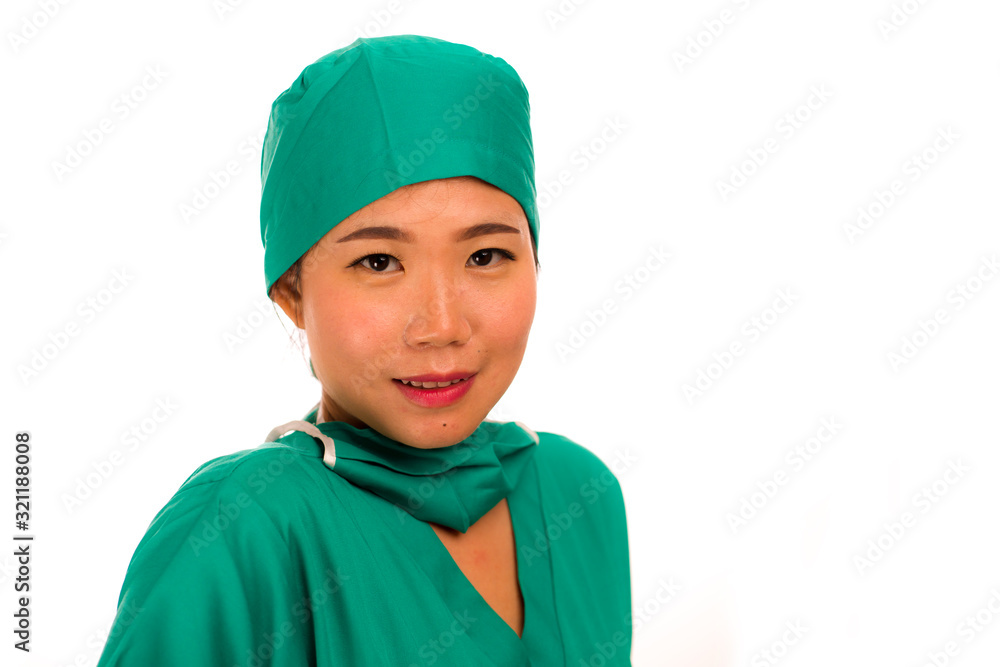 isolated portrait of young beautiful and happy Asian Korean medicine doctor woman or hospital nurse in medical hat and scrub smiling cheerful and positive in health care isolated portrait of young beautiful and happy Asian Korean medicine doctor woman or hospital nurse in medical hat and scrub smiling cheerful and positive in health care