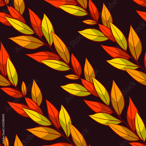 Vector seamless pattern with diagonal autumn leaves on dark brown background; foliage design for fabric, wallpaper, textile, wrapping paper, package, web design.