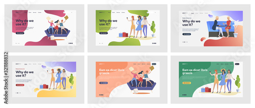 Set of women shopping clothes and making selfie together. Flat vector illustrations of girls having house party. Friendship, gathering, shopping concept for banner, website design or landing web page
