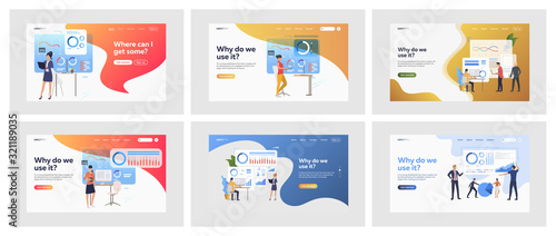 Set of people creating infographics for presentation. Flat vector illustrations of managers analyzing statistics. Analytics, statistics, research concept for banner, website design or landing web page