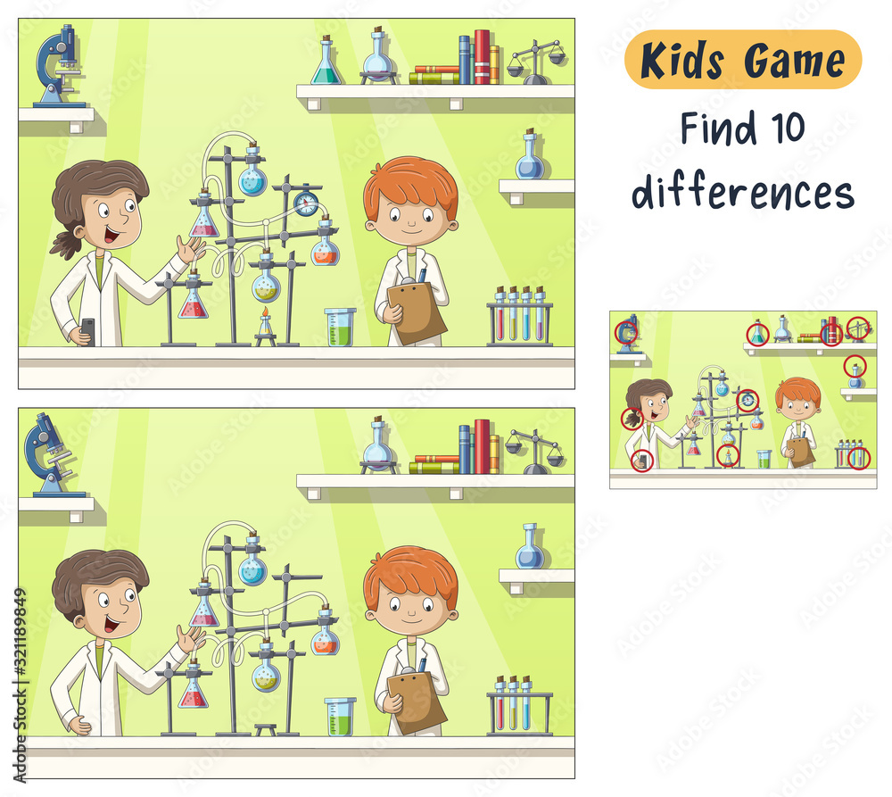 Find 10 differences. Funny cartoon game for kids, with solution. Hand drawn vector illustration with separate layers. Find 10 differences. Funny cartoon game for kids, with solution. Hand drawn vector illustration with separate layers.