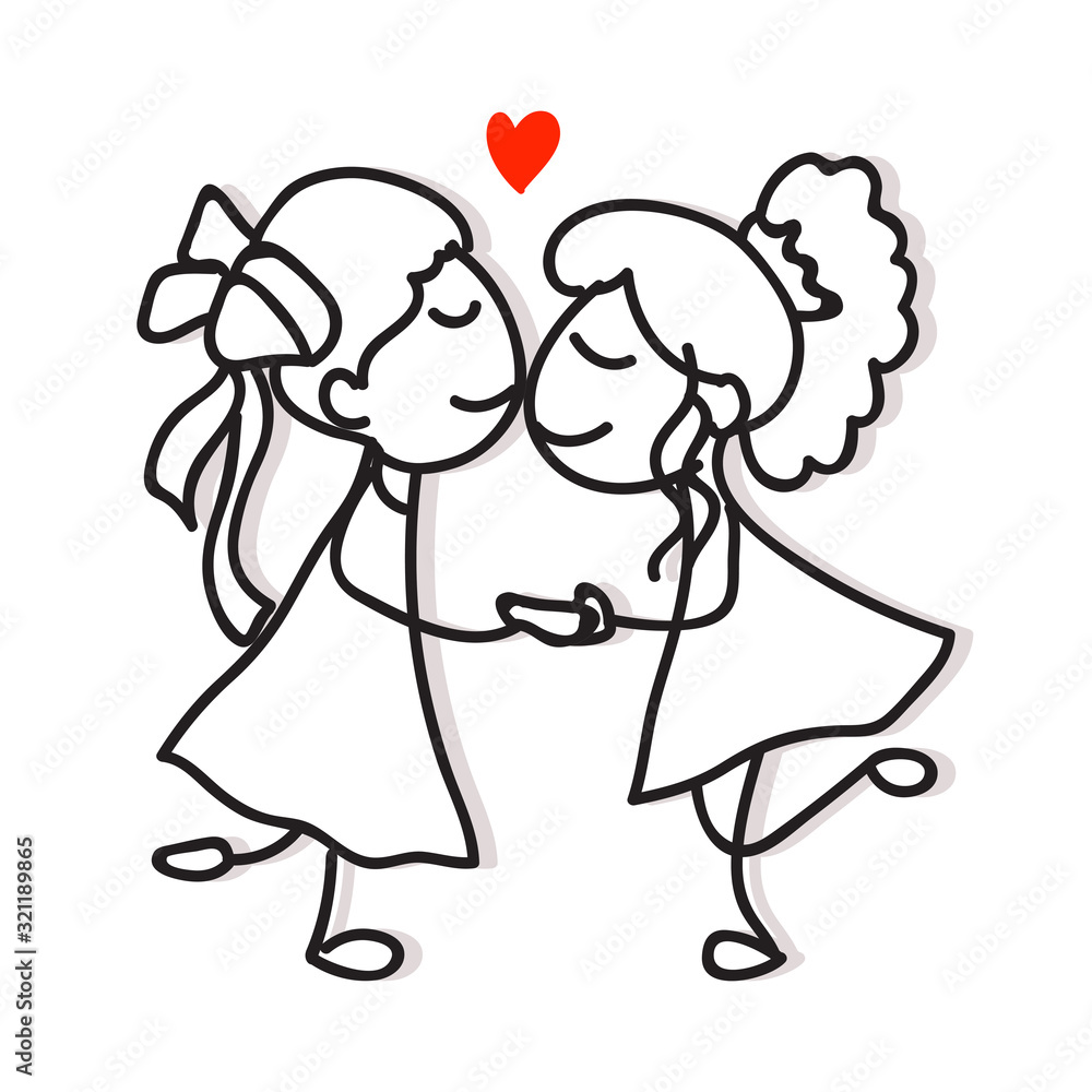 Hand Drawing Cartoon Character Love Concept Two Girls Holding Hand Showing Love Same Sex Couple