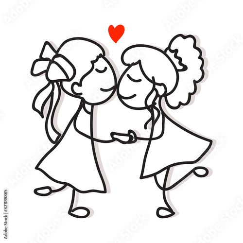 hand drawing cartoon character love concept two girls holding hand showing love same sex couple lgbt vector illustration