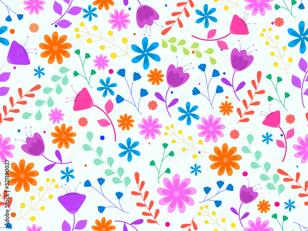 Seamless Colorful Flower and Leaves Decorated on White Background.