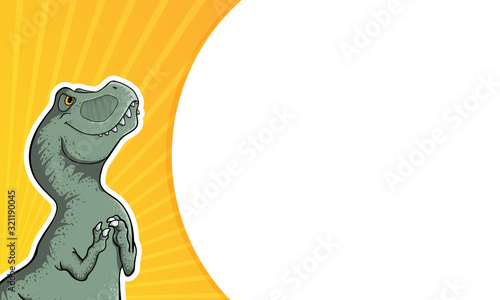 Vector background with hand drawn illustration of tyrannosaur in comix style with palce for text. Cute colorful t-rex in cartoons style with cope space