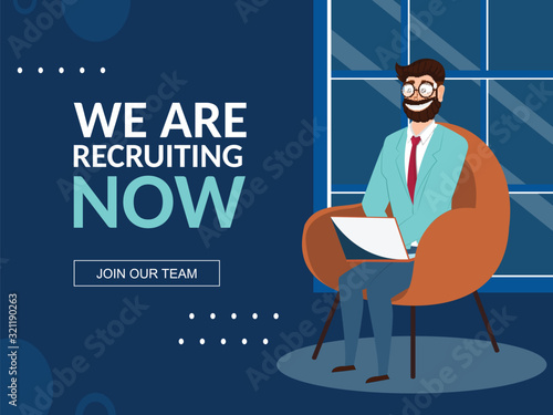 Happiness Man holding Laptop Sitting on Armchair for We Are Recruiting Now, Join Our Team Concept.