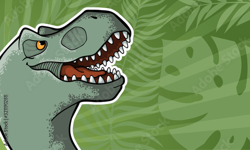 Vector background with hand drawn illustration of tyrannosaur in comix style with palce for text. Cute colorful t-rex in cartoons style with cope space