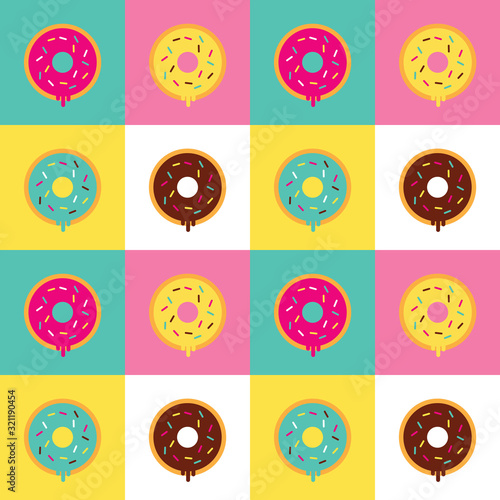 Illustration vector graphic of variant donuts make a pattern. Good to place as cafe or food court wallpaper.