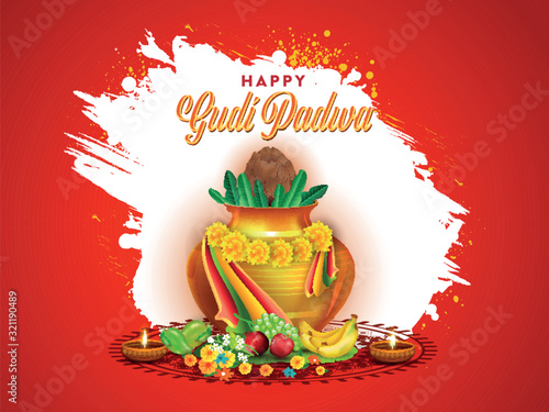 Happy Gudi Padwa Font with Golden Worship Pot (Kalash), Fruits, Flowers, Illuminated Oil Lamps and White Brush Stroke Effect on Red Background.