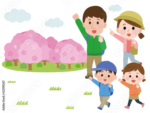 花見　ハイキング　桜　家族　イラスト