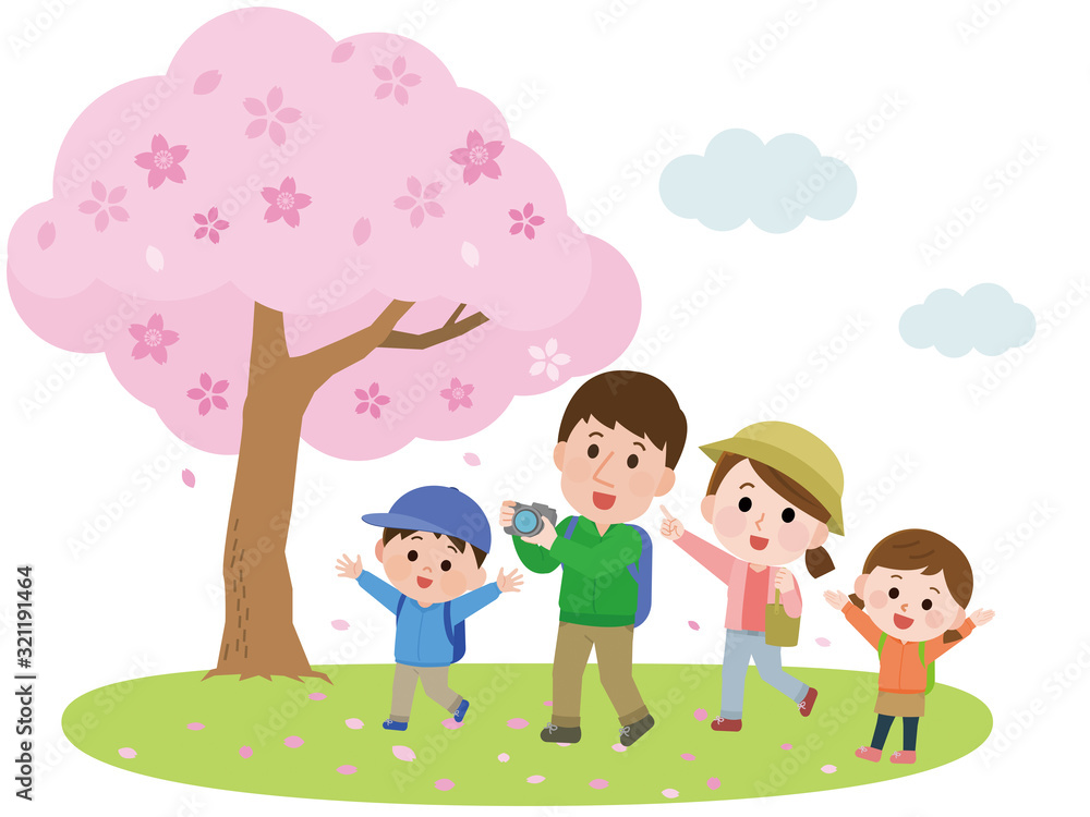 花見　ハイキング　桜の木　家族　イラスト