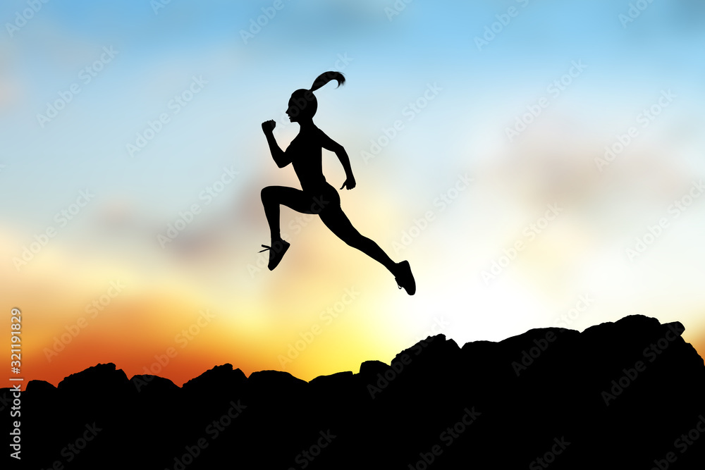 Black silhouette of woman running forward on the rocks. Black silhouette of woman running forward on the rocks.